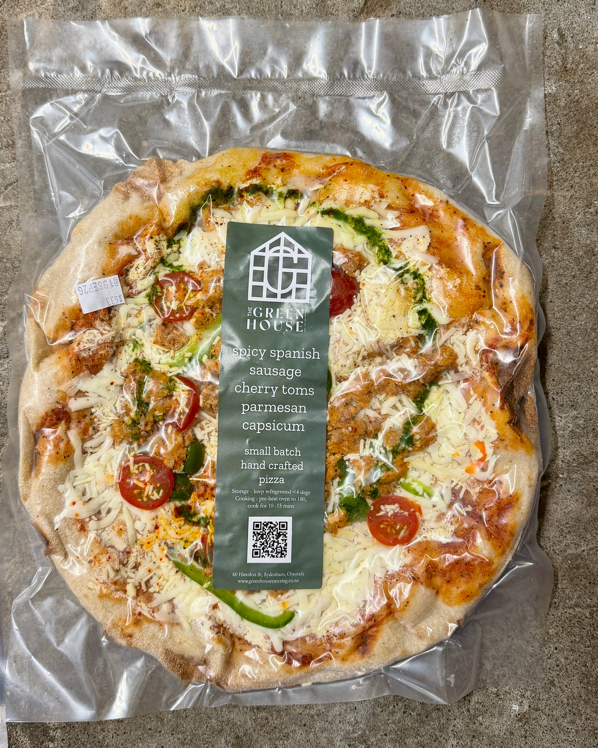 Greenhouse Catering - Spicy Sausage, Cream Cheese, Jalapeno, Capsicum, Cherry Tom & Parmesan Pizza