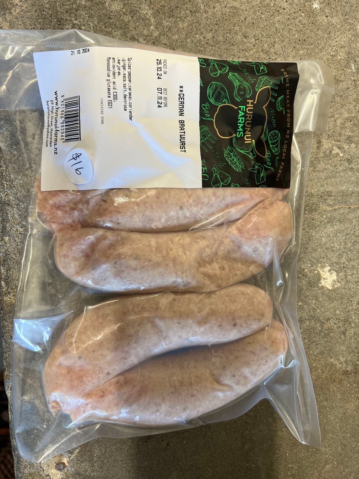 Hurunui Farms German Bratwurst Pork Sausages (GF)