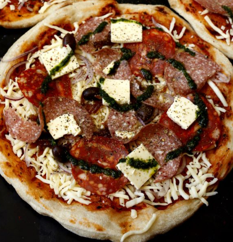 Greenhouse Pizza - Spicy Sausage, Cream Cheese, Jalapeno, Capsicum, Cherry Tom & Parmesan Pizza