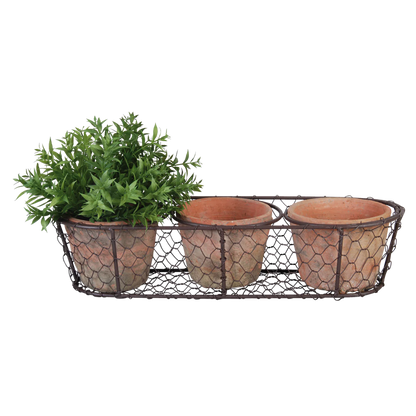 Aged Terracotta 3 Pots in Wire Basket