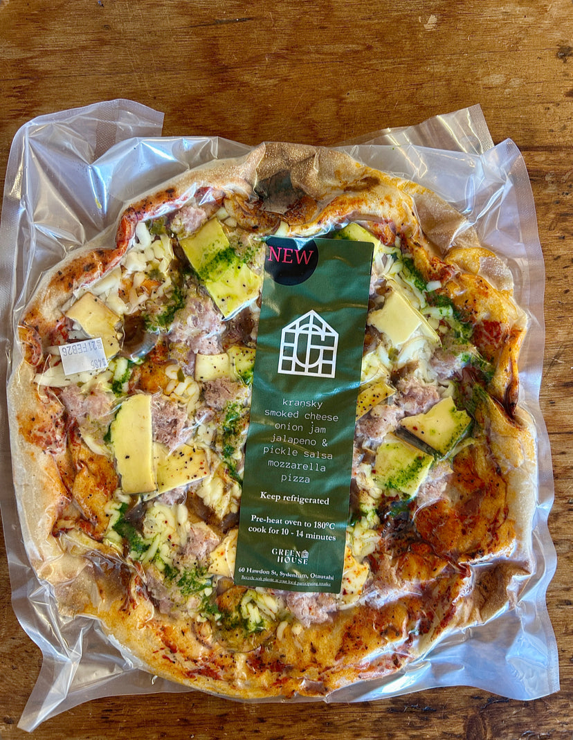 Greenhouse - Kransky Sausage, Smoked Cheese, Onion Jam, Jalapeño and Pickle Salsa Pizza