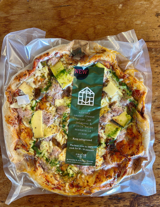 Greenhouse - Kransky Sausage, Smoked Cheese, Onion Jam, Jalapeño and Pickle Salsa Pizza